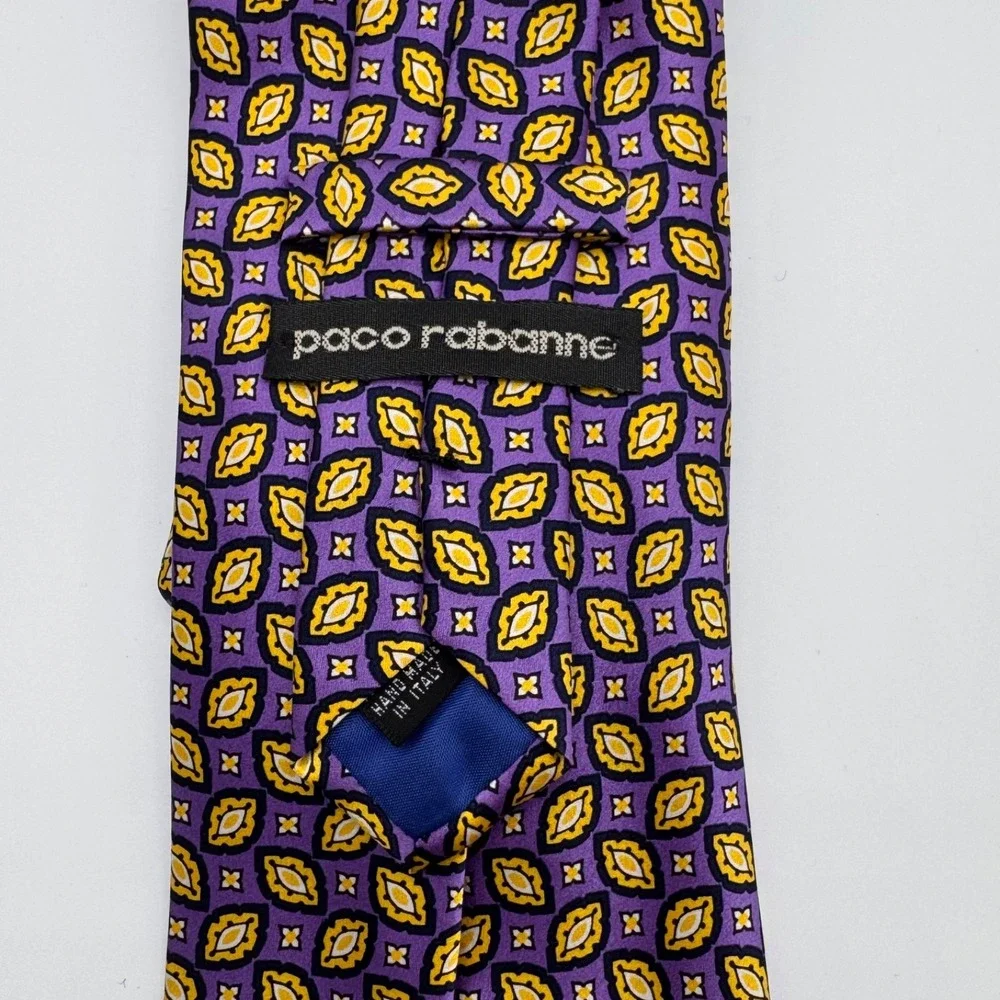 Paco Rabanne Silk Tie Made in Italy Purple Gold Geometric Medallion Designer Tie